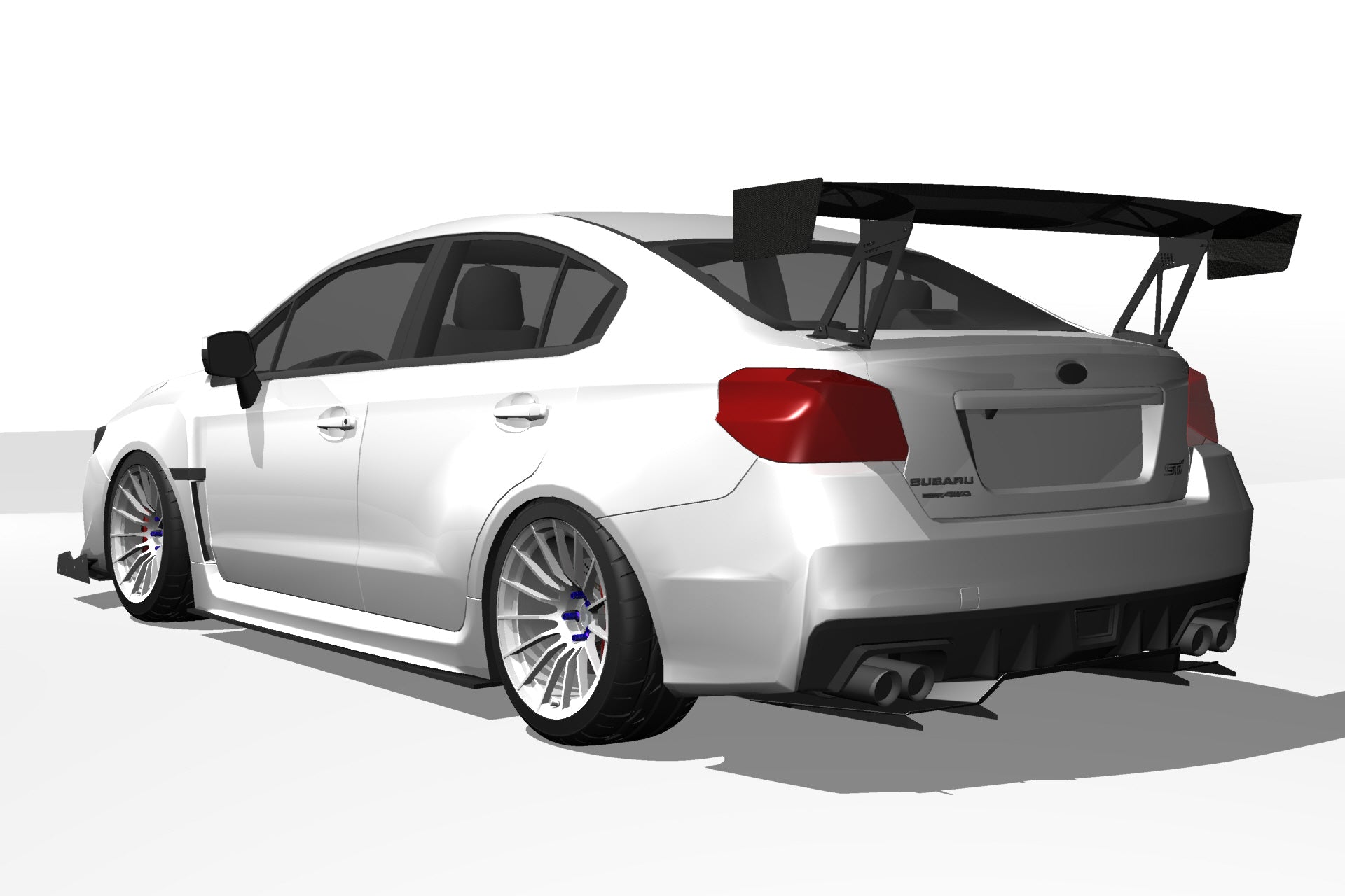 Side-rear render of a white Subaru WRX VA showing the V1+ diffuser and side skirts