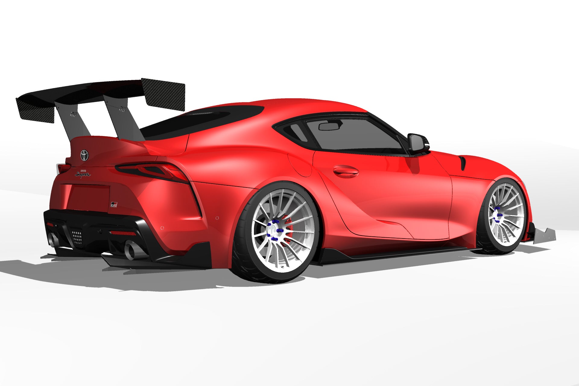 3D render of a red Toyota GR Supra with the Epsilon+ V1+ rear diffuser and GT wing