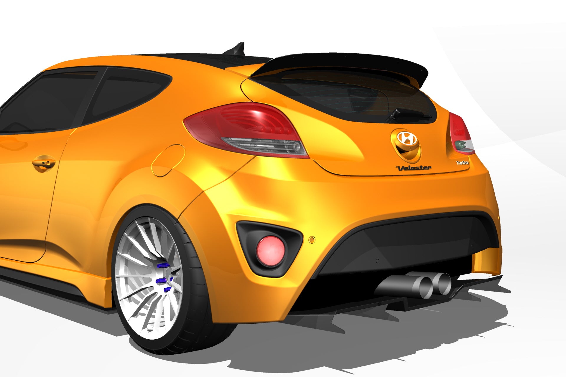 Rear render of an orange Hyundai Veloster with the V1+ diffuser and ducktail spoiler