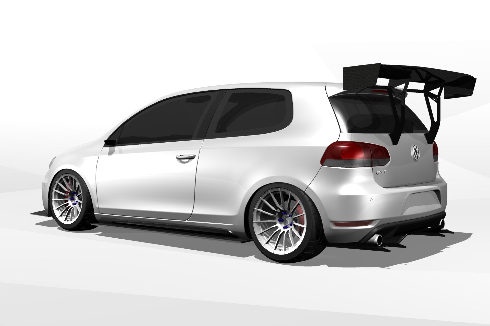 3D render of a silver Volkswagen Golf Mk6 with the Epsilon+ V1+ rear diffuser and GT wing